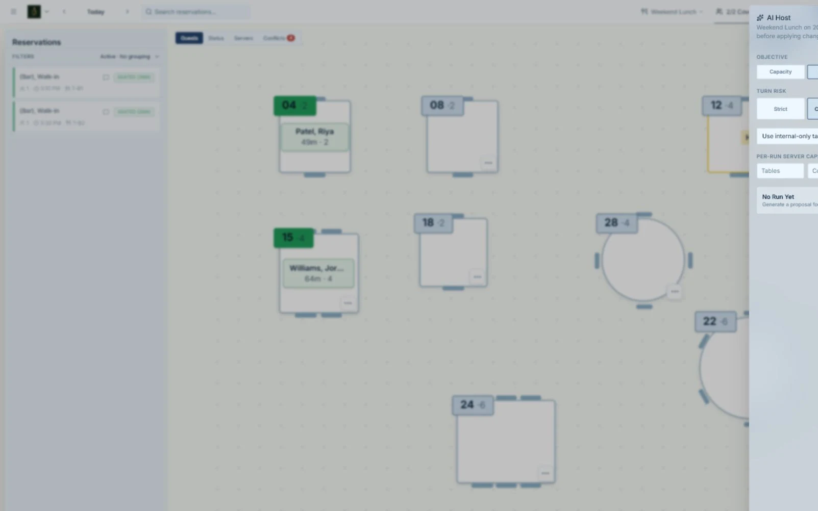 Hostbook AI Host reviewing a live reservation book with objectives, pacing limits, metrics, and issues