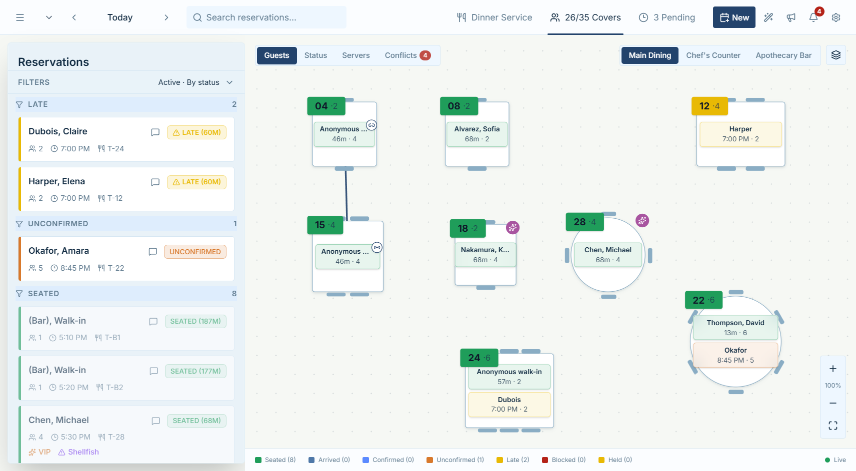 Hostbook floorplan in Guests mode showing seated and upcoming guests directly on their tables
