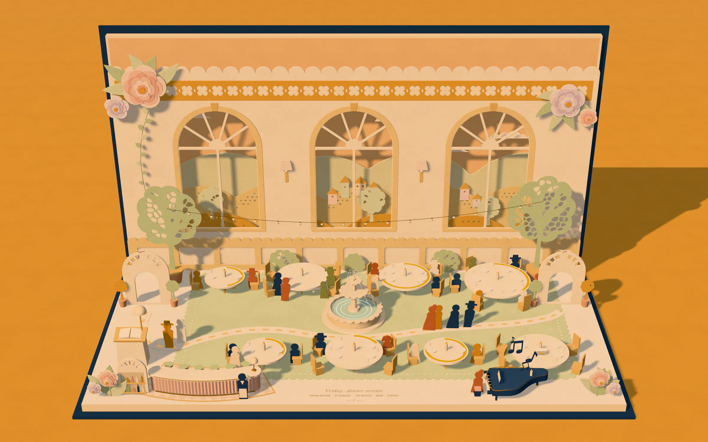 A Hostbook storybook lying open as a paper pop-up restaurant at dinner service: guests at candlelit tables, a host stand, a bar and a fountain.